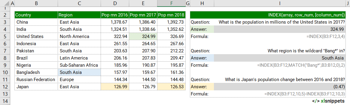 Use the INDEX function to to return the value or reference of specified cell(s).