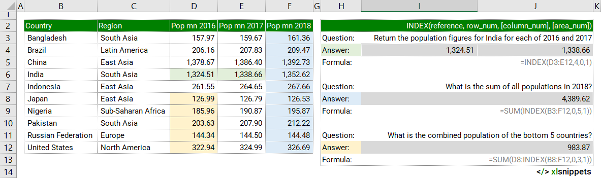 Use the INDEX function to return the reference of specified cell(s) at the intersection of particular rows and columns.