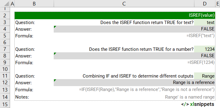 Use the ISREF function to return the logical value TRUE if a cell contains a reference.
