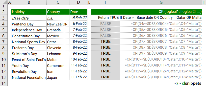 Use the OR function to return TRUE or FALSE statements based on testing dates against multiple logical conditions.