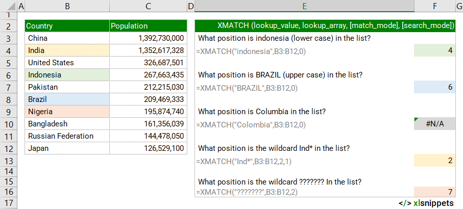 Use the XMATCH function to return the relative position of a specified item in a range.